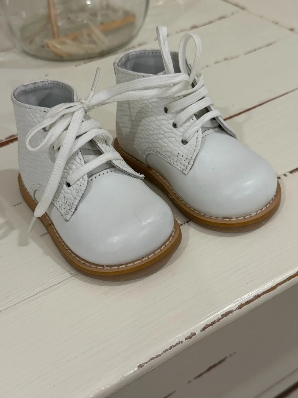 Josmo White Leather Lace-Up Baby Boots with Tan Soles